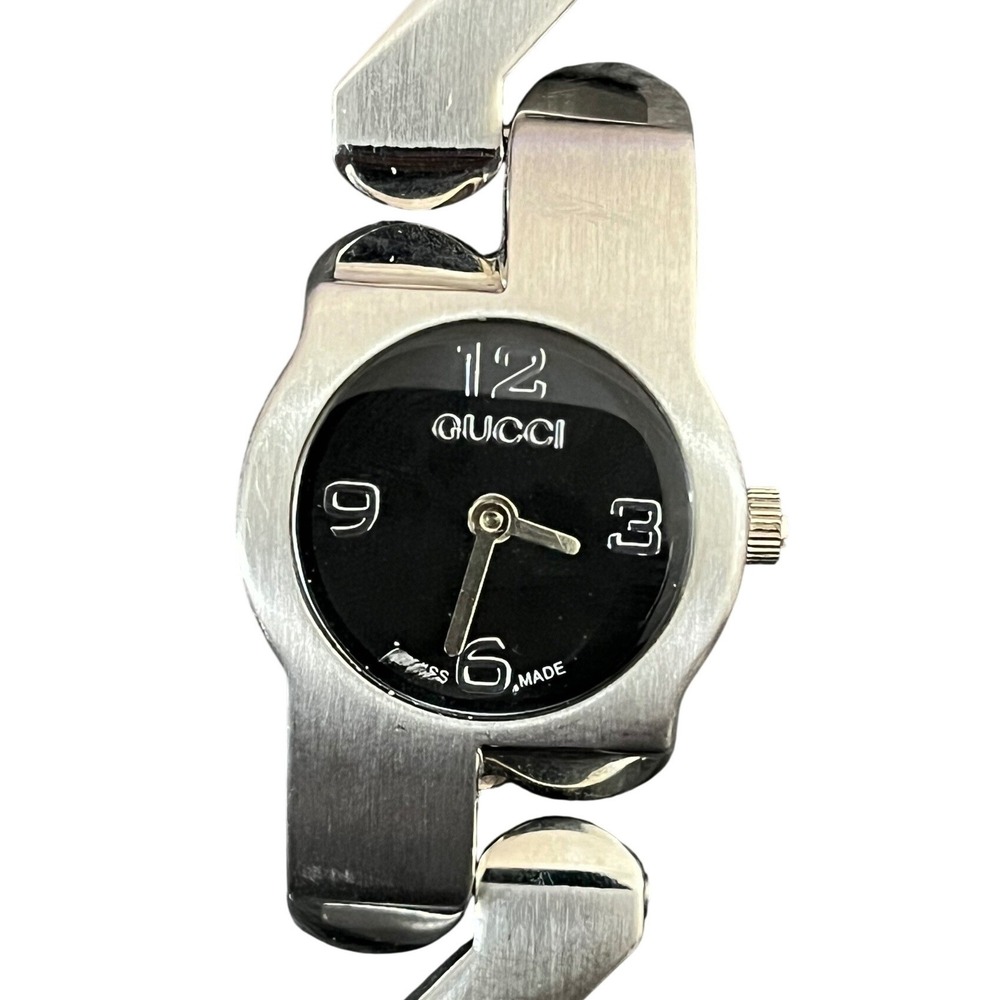 Vintage Gucci 2088L Watch Womens OS Silver Black Dial Zig Zag Link Swiss Made